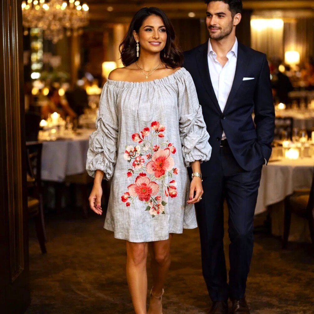 Dress. Floral Embroidered. Pinch-Pleated Sleeves. Velzera Brand. Sizes S M L.
